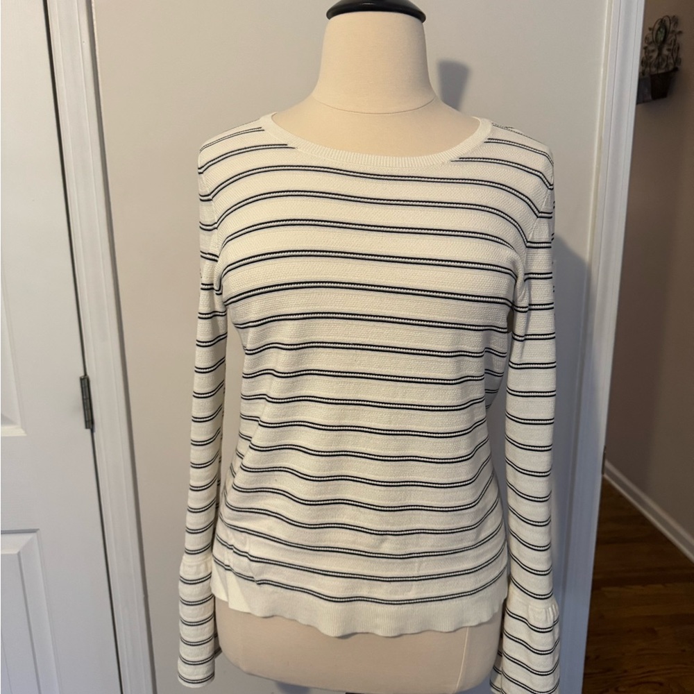 Ann Taylor sweater. Size-XL. Color-black/white stripe. Bell style sleeves. ￼